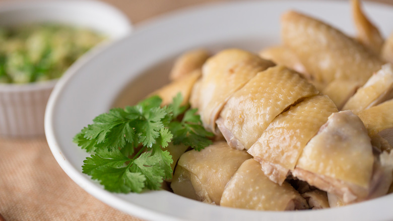 Poached chicken in bowl 