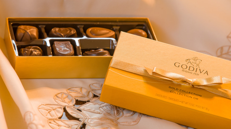 Open box of Godiva chocolates