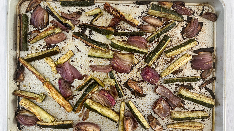 roasted vegetables on baking sheet